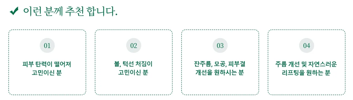 피부 탄력 저하, 볼과 턱선 처짐, 잔주름과 모공과 피부결, 주름 개선과 자연스러운 리프팅을 원하는 분께 써마지 FLX를 권한다는 올피채의원 안내