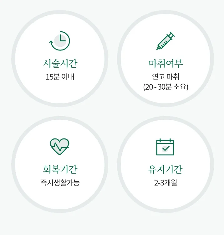 탱탱쫀쫀 부스터 시술 시간 15분 이내, 연고 마취 20~30분, 즉시 생활 가능, 유지 기간 2~3개월 안내