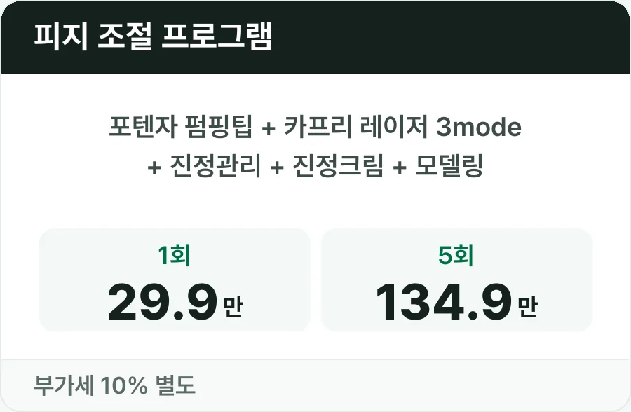 포텐자 펌핑팁, 카프리 레이저 3mode, 진정관리로 구성한 피지 조절 프로그램 1회 29.9만 원, 5회 134.9만 원